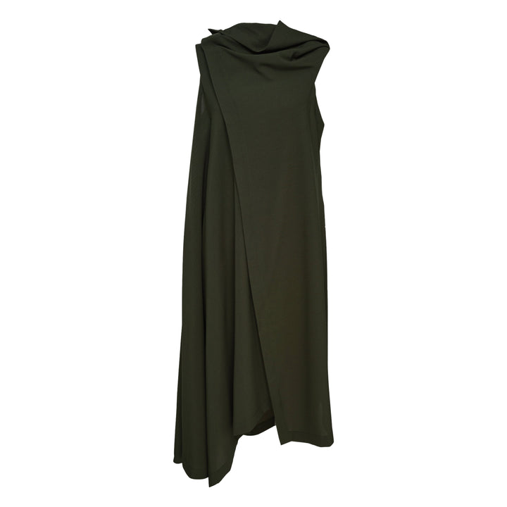 132 5. Issey Miyake draped cowl neck sleeveless woven dress in deep olive green with asymmetric overlay panel and architectural silhouette