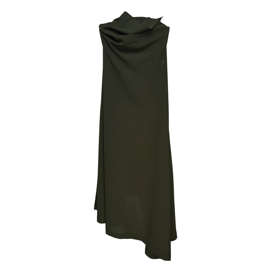 132 5. Issey Miyake draped cowl neck sleeveless woven dress in deep olive green with asymmetric overlay panel and architectural silhouette