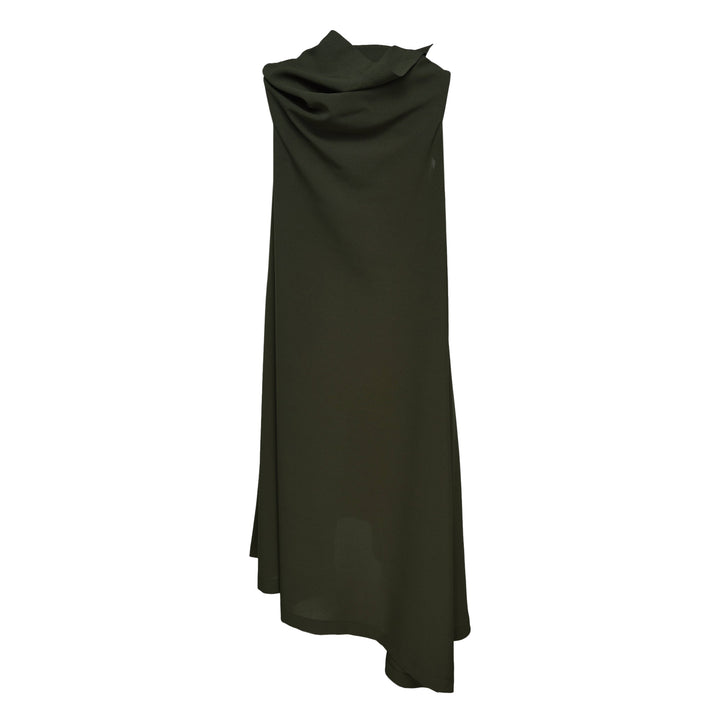 132 5. Issey Miyake draped cowl neck sleeveless woven dress in deep olive green with asymmetric overlay panel and architectural silhouette