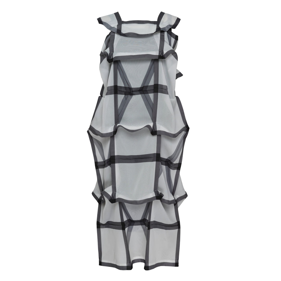 132 5. Issey Miyake NO.6 Translucent Woven Dress with layered semi-sheer organza panels and bold geometric black trim, sleeveless midi silhouette