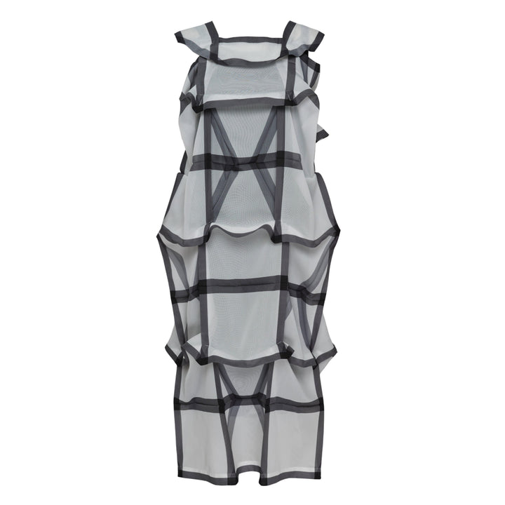 132 5. Issey Miyake NO.6 Translucent Woven Dress with layered semi-sheer organza panels and bold geometric black trim, sleeveless midi silhouette