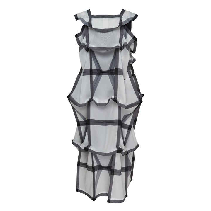 132 5. Issey Miyake NO.6 Translucent Woven Dress with layered semi-sheer organza panels and bold geometric black trim, sleeveless midi silhouette