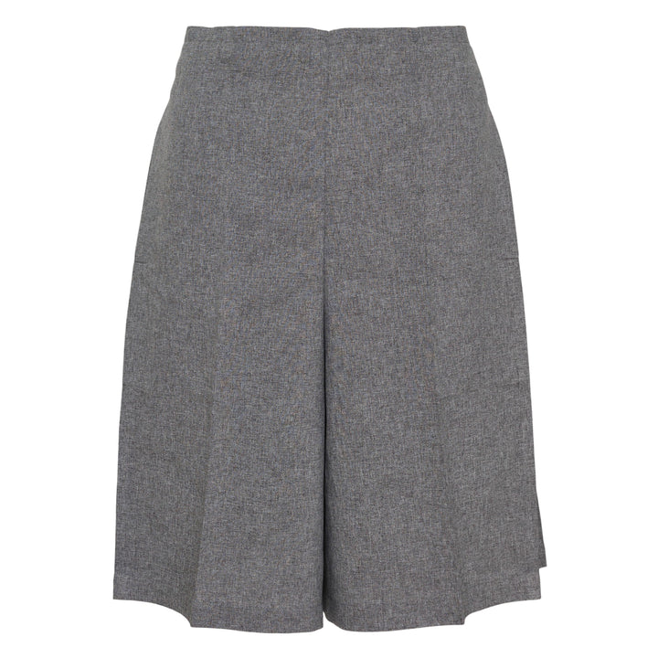 me Issey Miyake Flat Front Culottes Shorts in grey melange, wide-leg silhouette with clean flat waistband, front view on white background