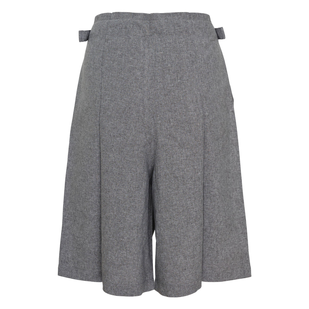 me Issey Miyake Flat Front Culottes Shorts in grey melange, wide-leg silhouette with clean flat waistband, front view on white background