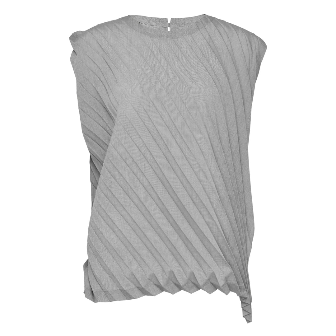 me Issey Miyake Angle Pleats Sleeveless Top in light grey with diagonal pleating and asymmetric hem, viewed from the front