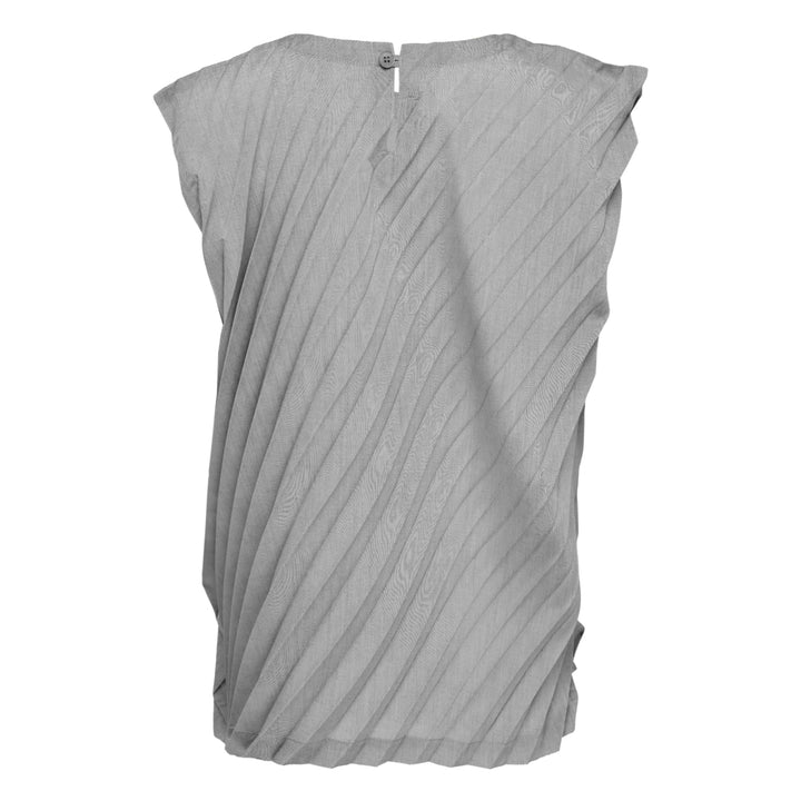 me Issey Miyake Angle Pleats Sleeveless Top in light grey with diagonal pleating and asymmetric hem, viewed from the front