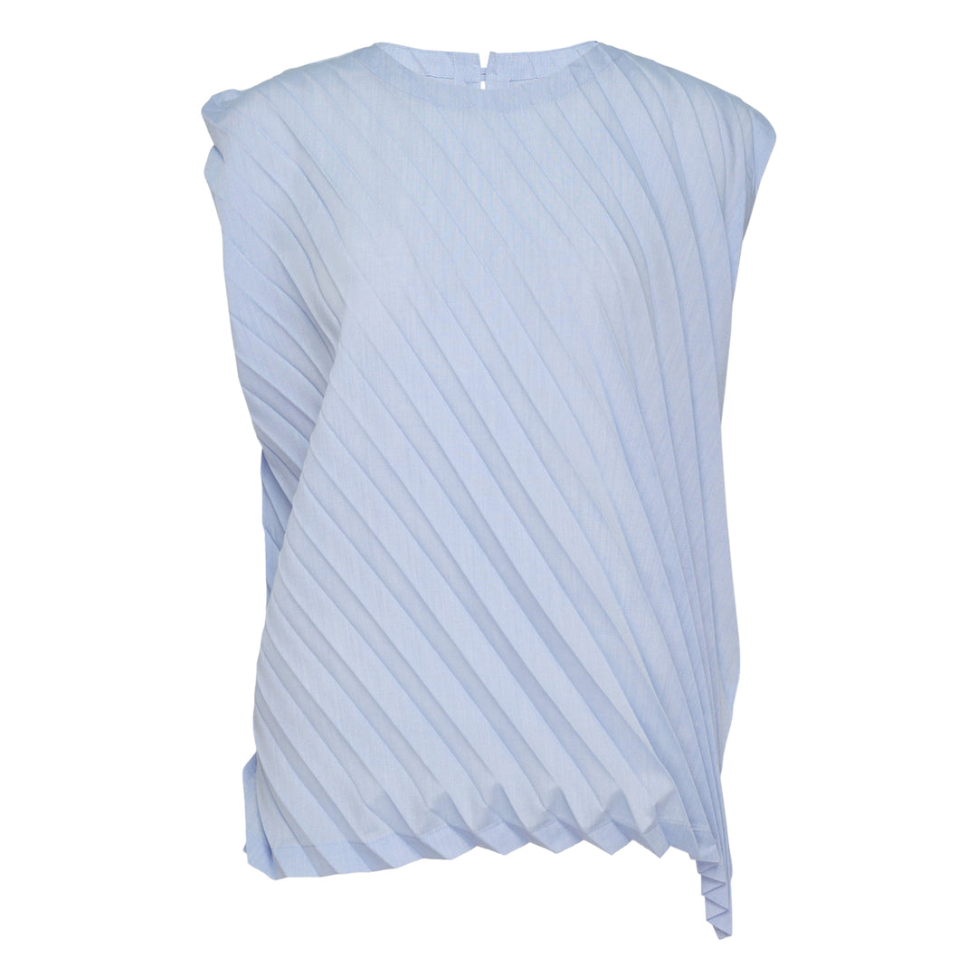 me Issey Miyake Angle Pleats Sleeveless Top in light grey with diagonal pleating and asymmetric hem, viewed from the front