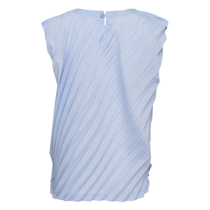me Issey Miyake Angle Pleats Sleeveless Top in light grey with diagonal pleating and asymmetric hem, viewed from the front