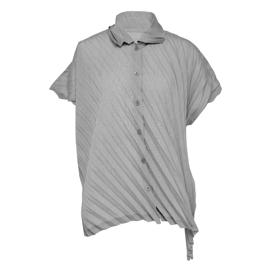 me Issey Miyake Angle Pleats short sleeve button-front collared shirt in light grey with diagonal pleating and asymmetric draped hem
