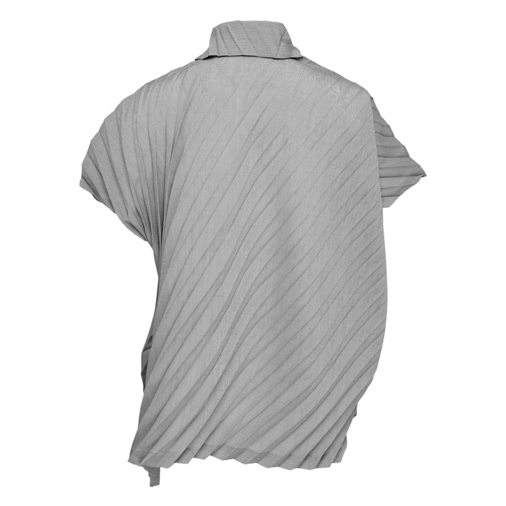 me Issey Miyake Angle Pleats short sleeve button-front collared shirt in light grey with diagonal pleating and asymmetric draped hem