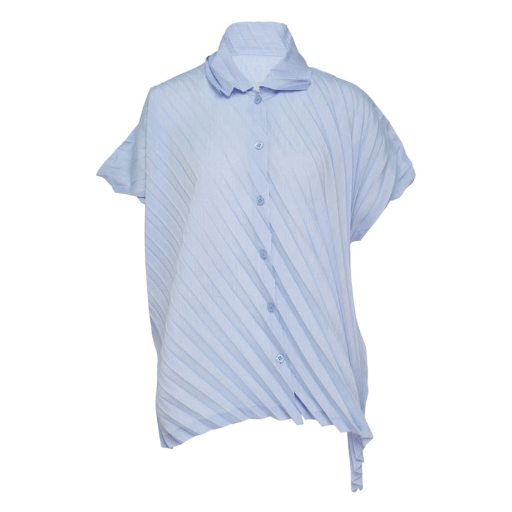 me Issey Miyake Angle Pleats short sleeve button-front collared shirt in light grey with diagonal pleating and asymmetric draped hem
