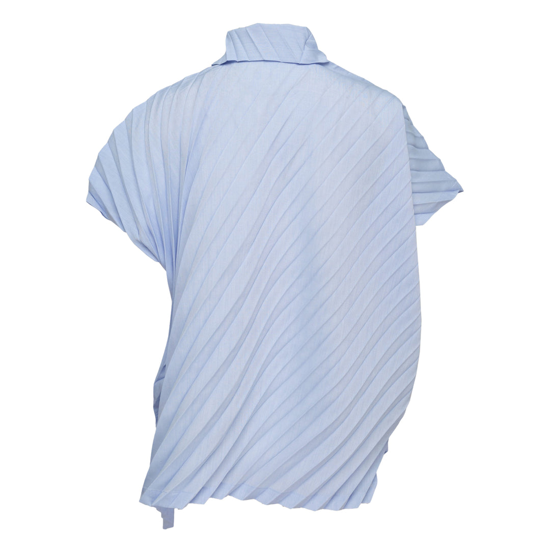me Issey Miyake Angle Pleats short sleeve button-front collared shirt in light grey with diagonal pleating and asymmetric draped hem
