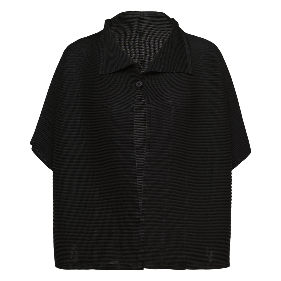 me Issey Miyake Square Stretch Pleated Cardigan in black with boxy silhouette, short sleeves, spread collar, and button placket