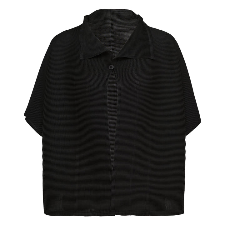 me Issey Miyake Square Stretch Pleated Cardigan in black with boxy silhouette, short sleeves, spread collar, and button placket
