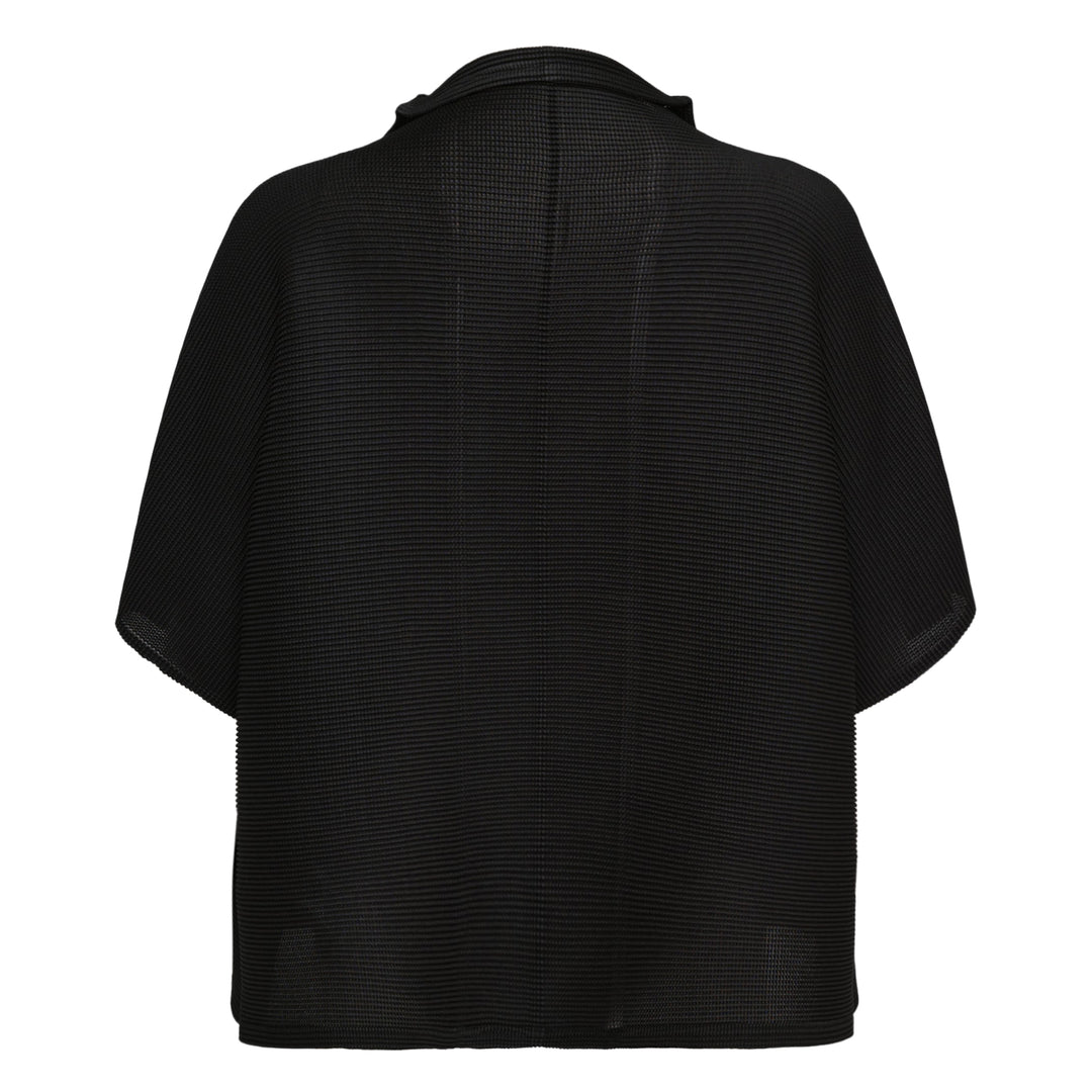 me Issey Miyake Square Stretch Pleated Cardigan in black with boxy silhouette, short sleeves, spread collar, and button placket