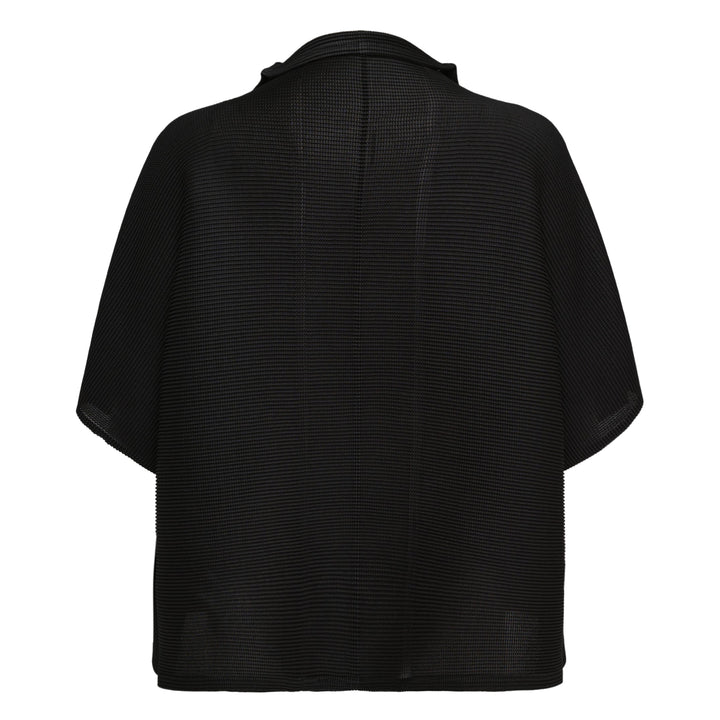 me Issey Miyake Square Stretch Pleated Cardigan in black with boxy silhouette, short sleeves, spread collar, and button placket