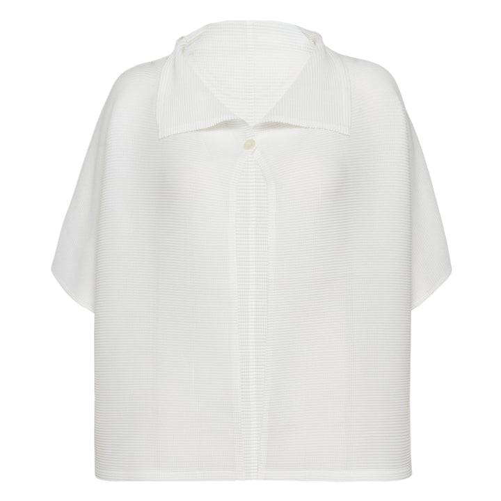 me Issey Miyake Square Stretch Pleated Cardigan in black with boxy silhouette, short sleeves, spread collar, and button placket
