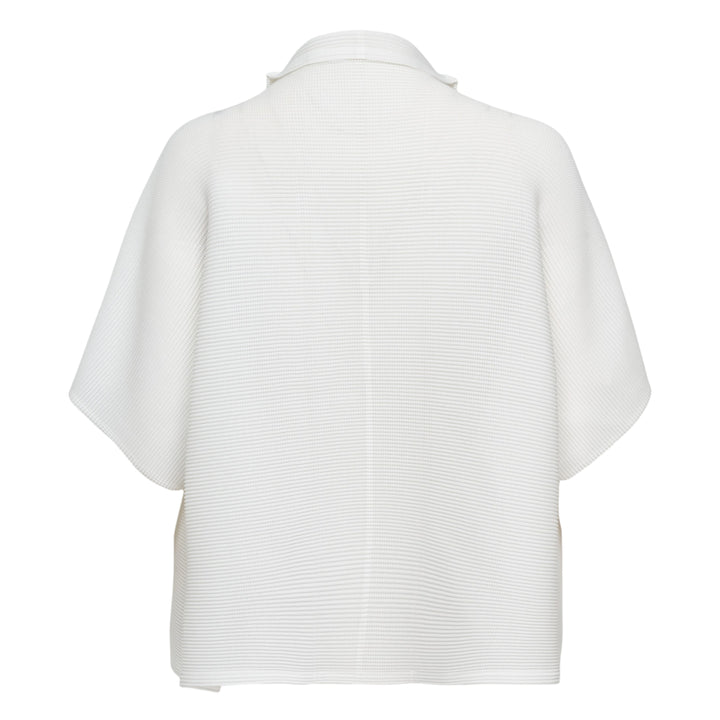 me Issey Miyake Square Stretch Pleated Cardigan in black with boxy silhouette, short sleeves, spread collar, and button placket