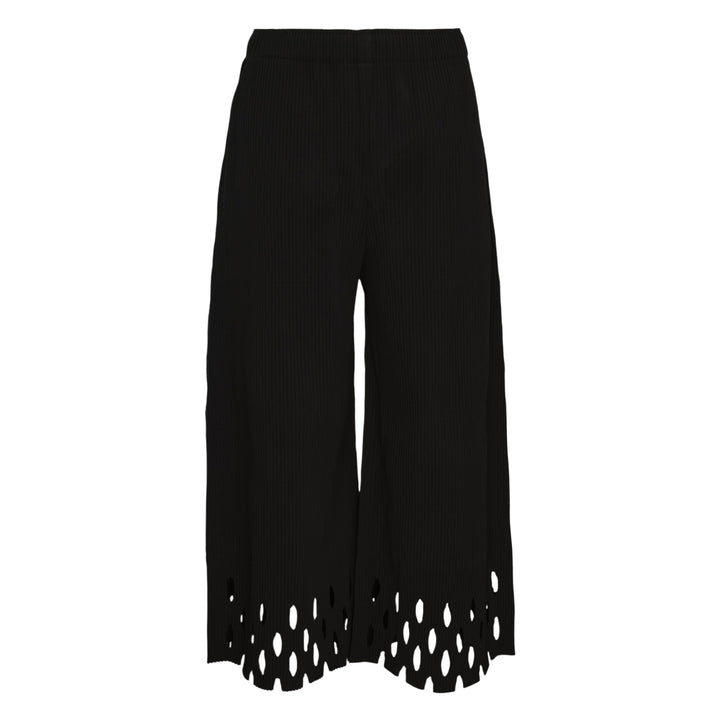 me Issey Miyake Fine Knit Pleats Bottom Pants in black with wide-leg culotte silhouette and decorative cut-out eyelet hem detail