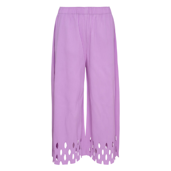 me Issey Miyake Fine Knit Pleats Bottom Pants in black with wide-leg culotte silhouette and decorative cut-out eyelet hem detail