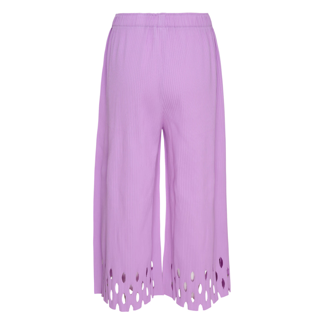 me Issey Miyake Fine Knit Pleats Bottom Pants in black with wide-leg culotte silhouette and decorative cut-out eyelet hem detail