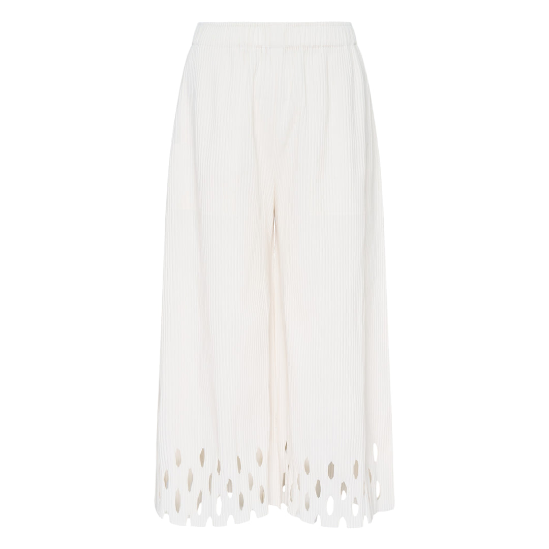 me Issey Miyake Fine Knit Pleats Bottom 3 wide-leg ivory white ribbed knit culottes with geometric cutout hem detail, front view on white background