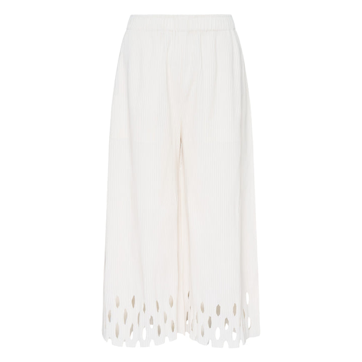me Issey Miyake Fine Knit Pleats Bottom 3 wide-leg ivory white ribbed knit culottes with geometric cutout hem detail, front view on white background