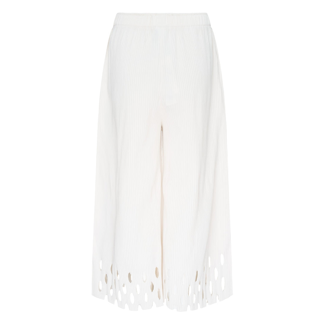 me Issey Miyake Fine Knit Pleats Bottom 3 wide-leg ivory white ribbed knit culottes with geometric cutout hem detail, front view on white background