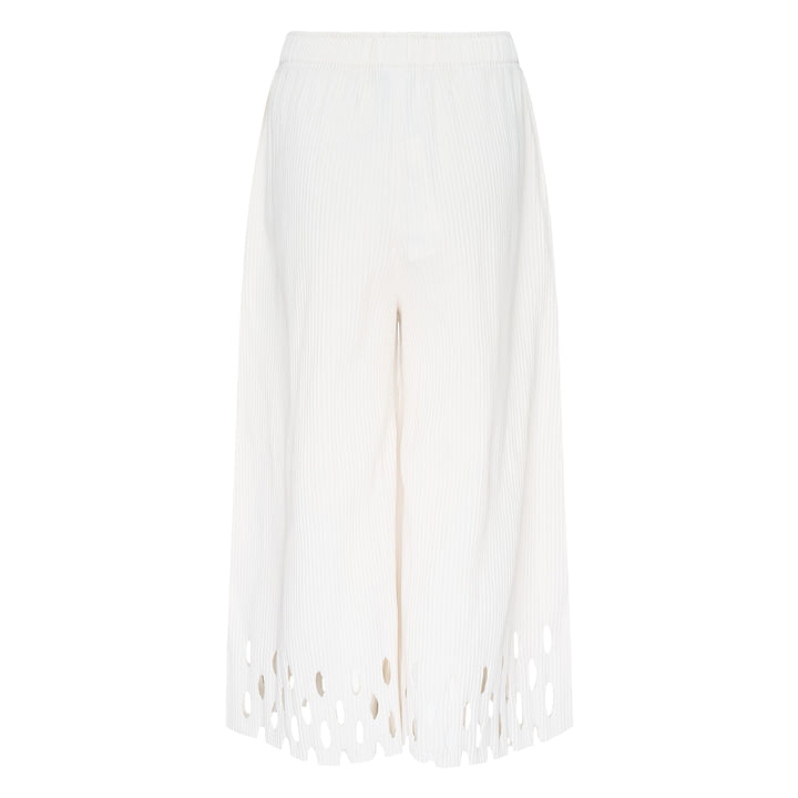 me Issey Miyake Fine Knit Pleats Bottom 3 wide-leg ivory white ribbed knit culottes with geometric cutout hem detail, front view on white background