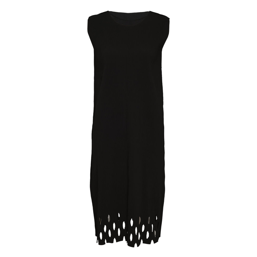 me Issey Miyake Aperture Pleats Dress in black — sleeveless pleated midi dress with oval cutout hem detail, front view on white background