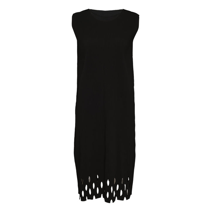 me Issey Miyake Aperture Pleats Dress in black — sleeveless pleated midi dress with oval cutout hem detail, front view on white background