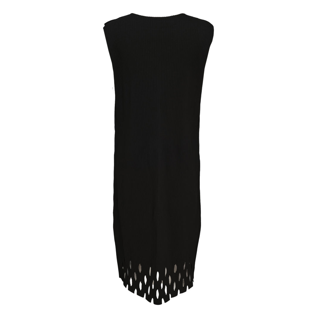me Issey Miyake Aperture Pleats Dress in black — sleeveless pleated midi dress with oval cutout hem detail, front view on white background