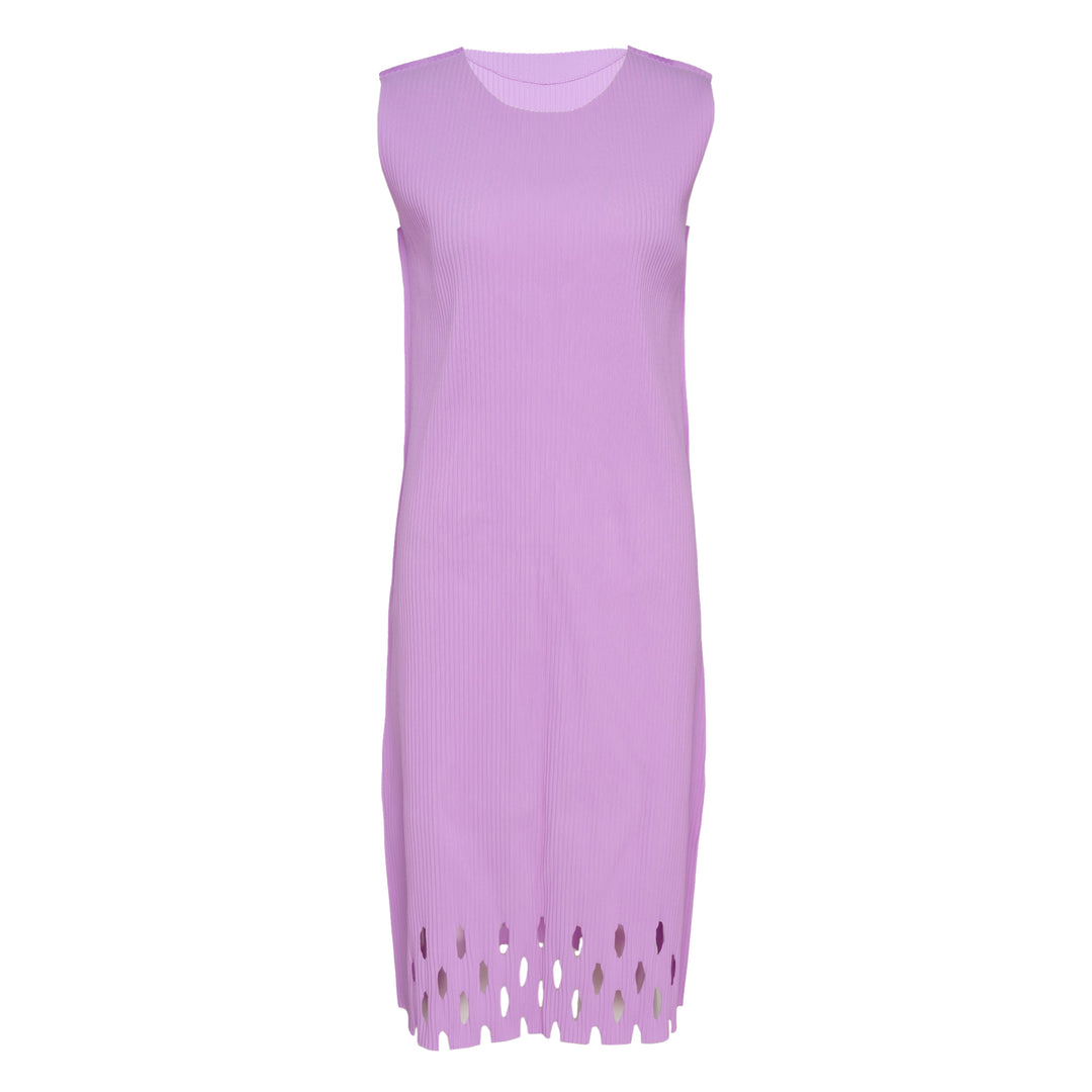 me Issey Miyake Aperture Pleats Dress in black — sleeveless pleated midi dress with oval cutout hem detail, front view on white background