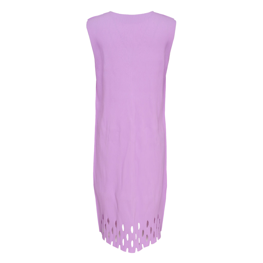 me Issey Miyake Aperture Pleats Dress in black — sleeveless pleated midi dress with oval cutout hem detail, front view on white background