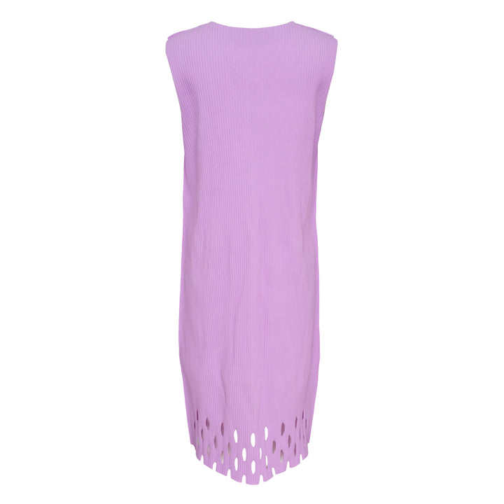 me Issey Miyake Aperture Pleats Dress in black — sleeveless pleated midi dress with oval cutout hem detail, front view on white background