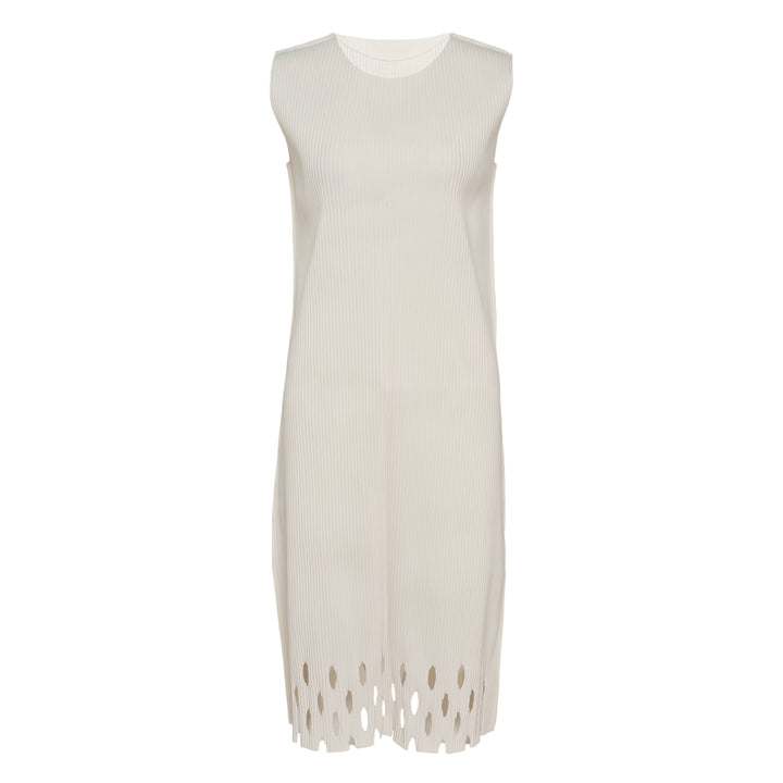 me Issey Miyake Aperture Pleats Dress in black — sleeveless pleated midi dress with oval cutout hem detail, front view on white background