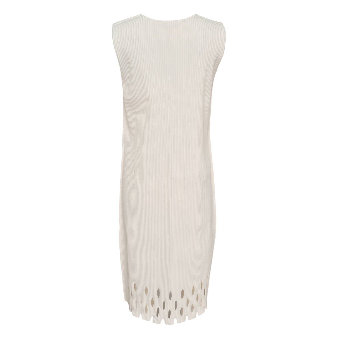 me Issey Miyake Aperture Pleats Dress in black — sleeveless pleated midi dress with oval cutout hem detail, front view on white background