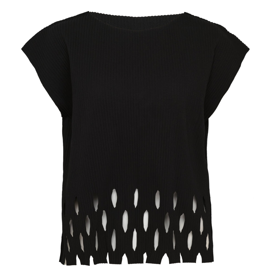 me Issey Miyake Aperture Pleats Top in black with ribbed texture and diamond cutout hem detail, shown from the front against a white background