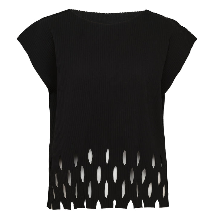 me Issey Miyake Aperture Pleats Top in black with ribbed texture and diamond cutout hem detail, shown from the front against a white background