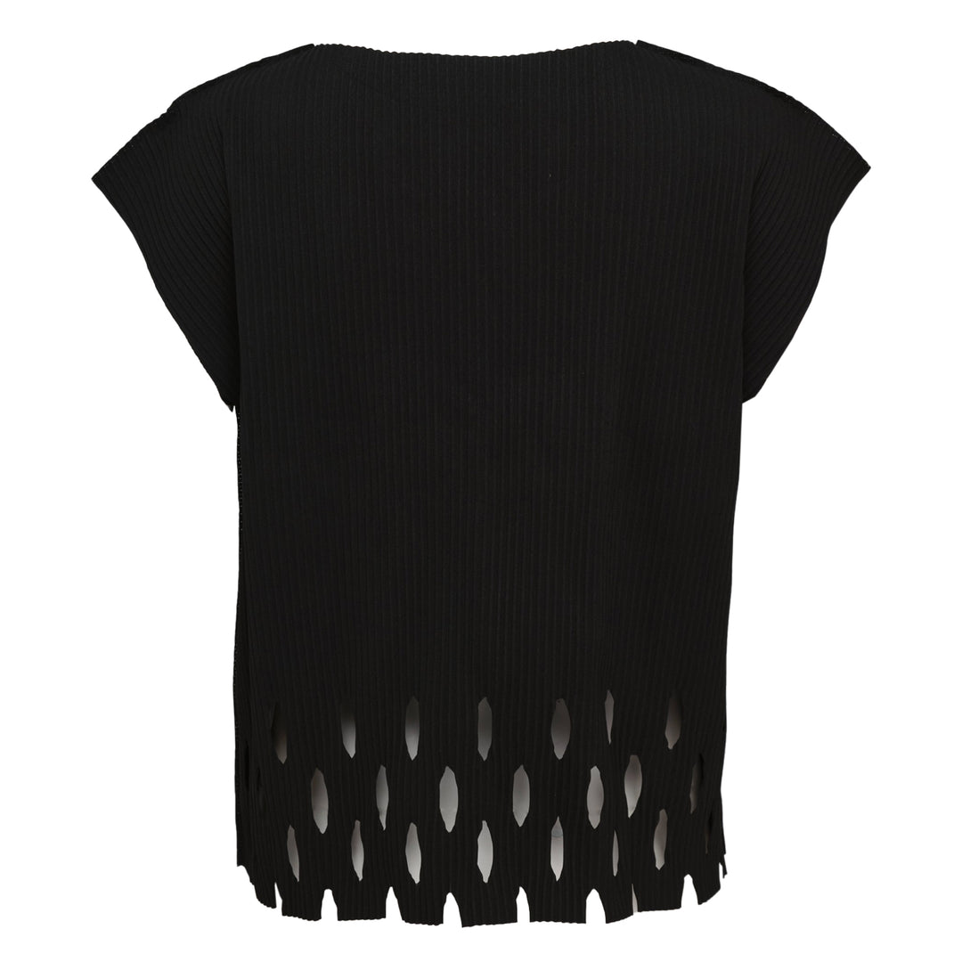 me Issey Miyake Aperture Pleats Top in black with ribbed texture and diamond cutout hem detail, shown from the front against a white background