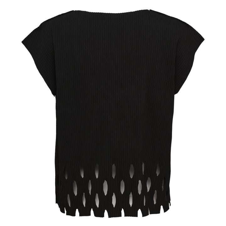 me Issey Miyake Aperture Pleats Top in black with ribbed texture and diamond cutout hem detail, shown from the front against a white background