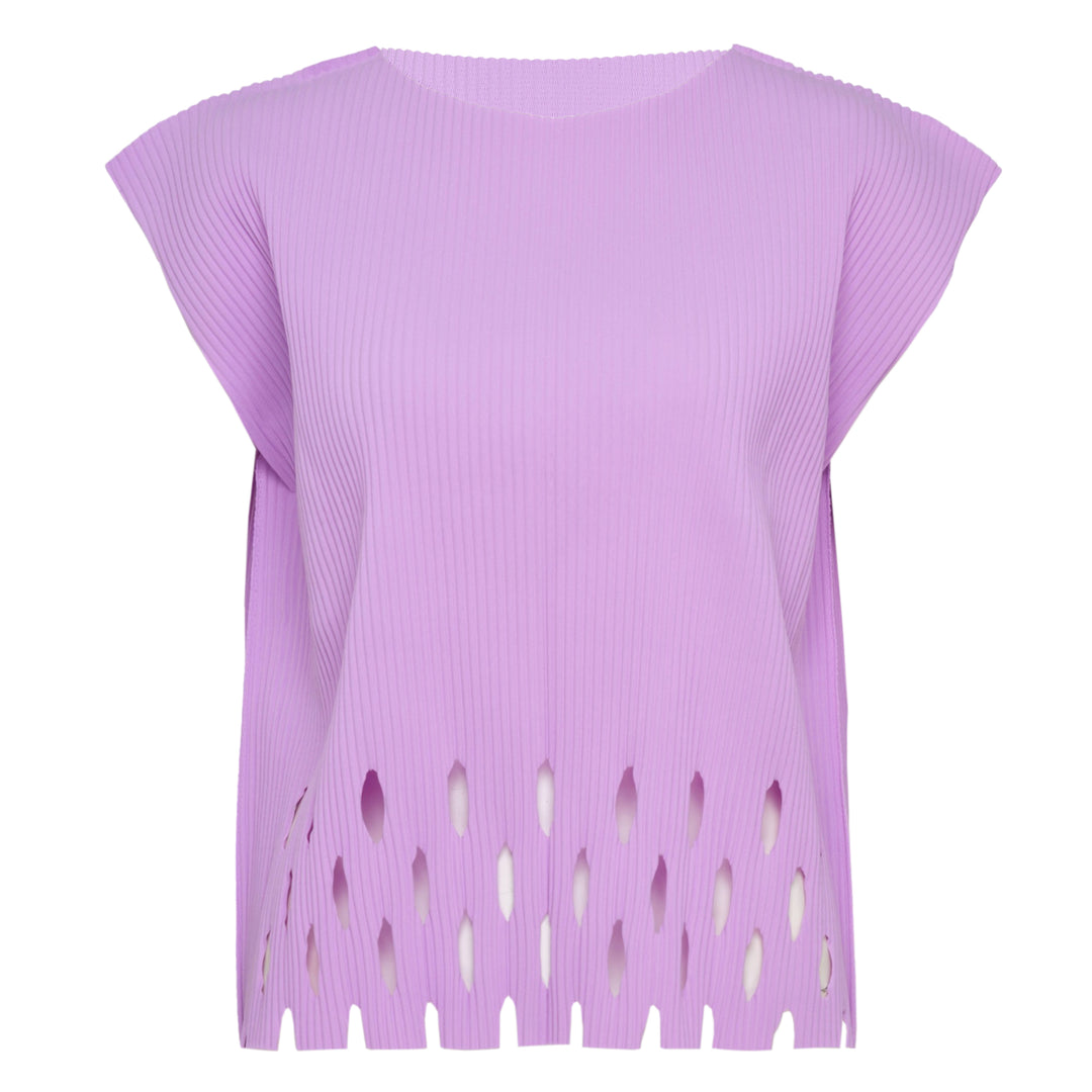 me Issey Miyake Aperture Pleats Top in black with ribbed texture and diamond cutout hem detail, shown from the front against a white background