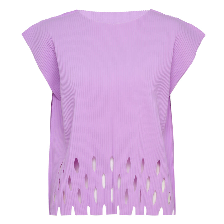 me Issey Miyake Aperture Pleats Top in black with ribbed texture and diamond cutout hem detail, shown from the front against a white background