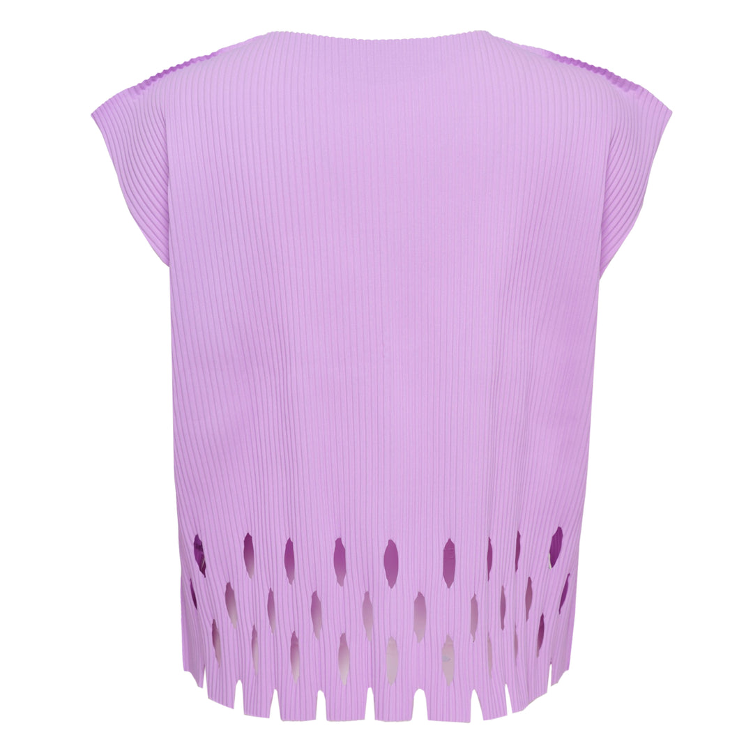 me Issey Miyake Aperture Pleats Top in black with ribbed texture and diamond cutout hem detail, shown from the front against a white background