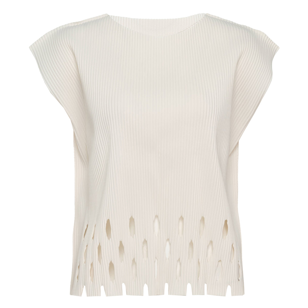 me Issey Miyake Aperture Pleats Top in black with ribbed texture and diamond cutout hem detail, shown from the front against a white background