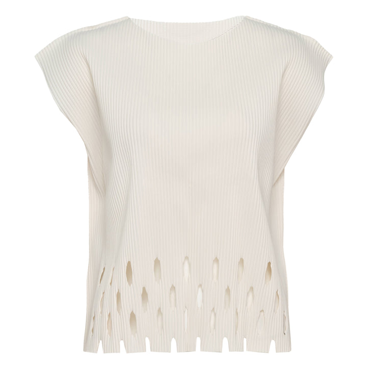 me Issey Miyake Aperture Pleats Top in black with ribbed texture and diamond cutout hem detail, shown from the front against a white background