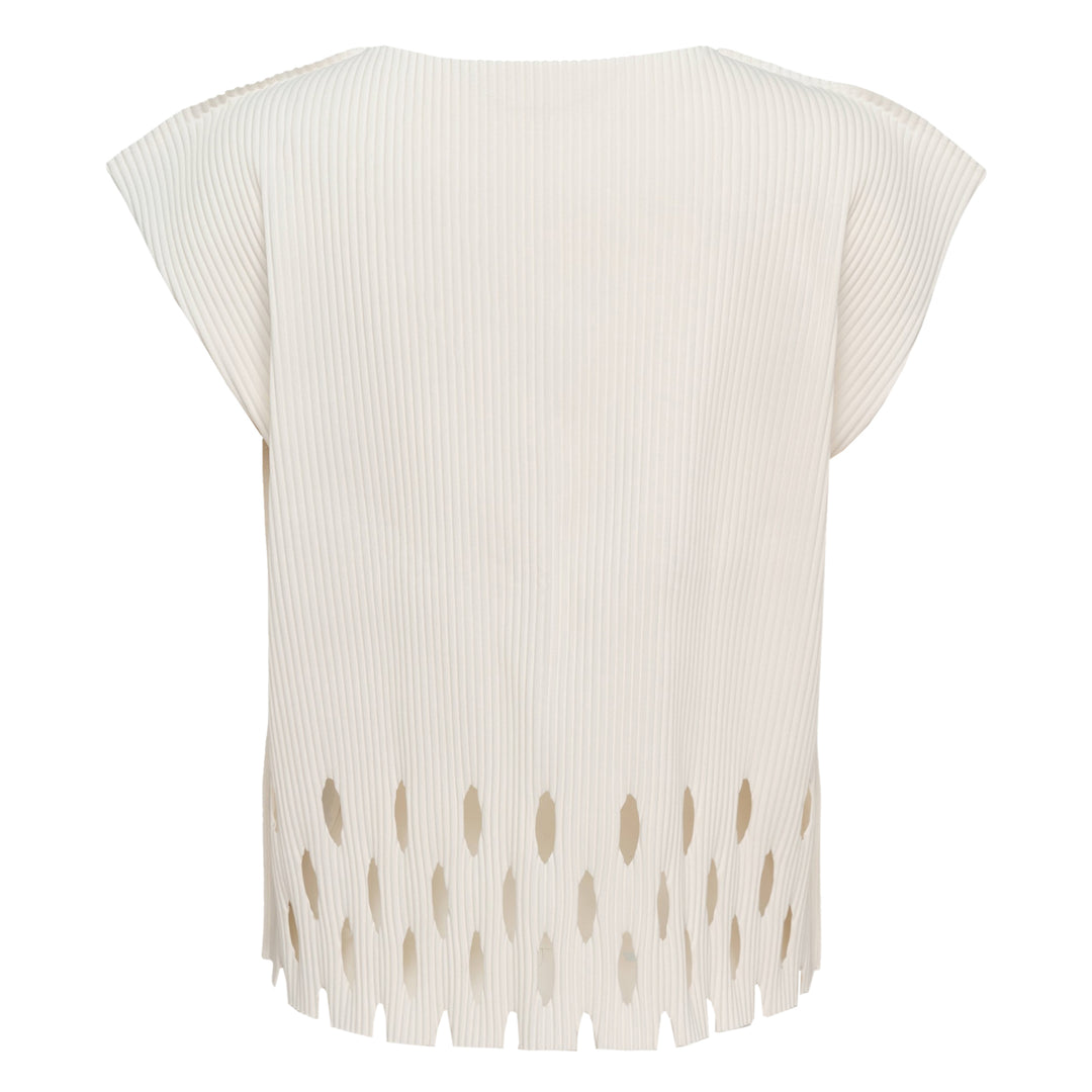 me Issey Miyake Aperture Pleats Top in black with ribbed texture and diamond cutout hem detail, shown from the front against a white background