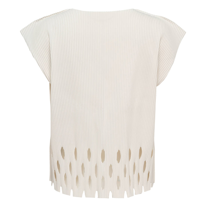 me Issey Miyake Aperture Pleats Top in black with ribbed texture and diamond cutout hem detail, shown from the front against a white background