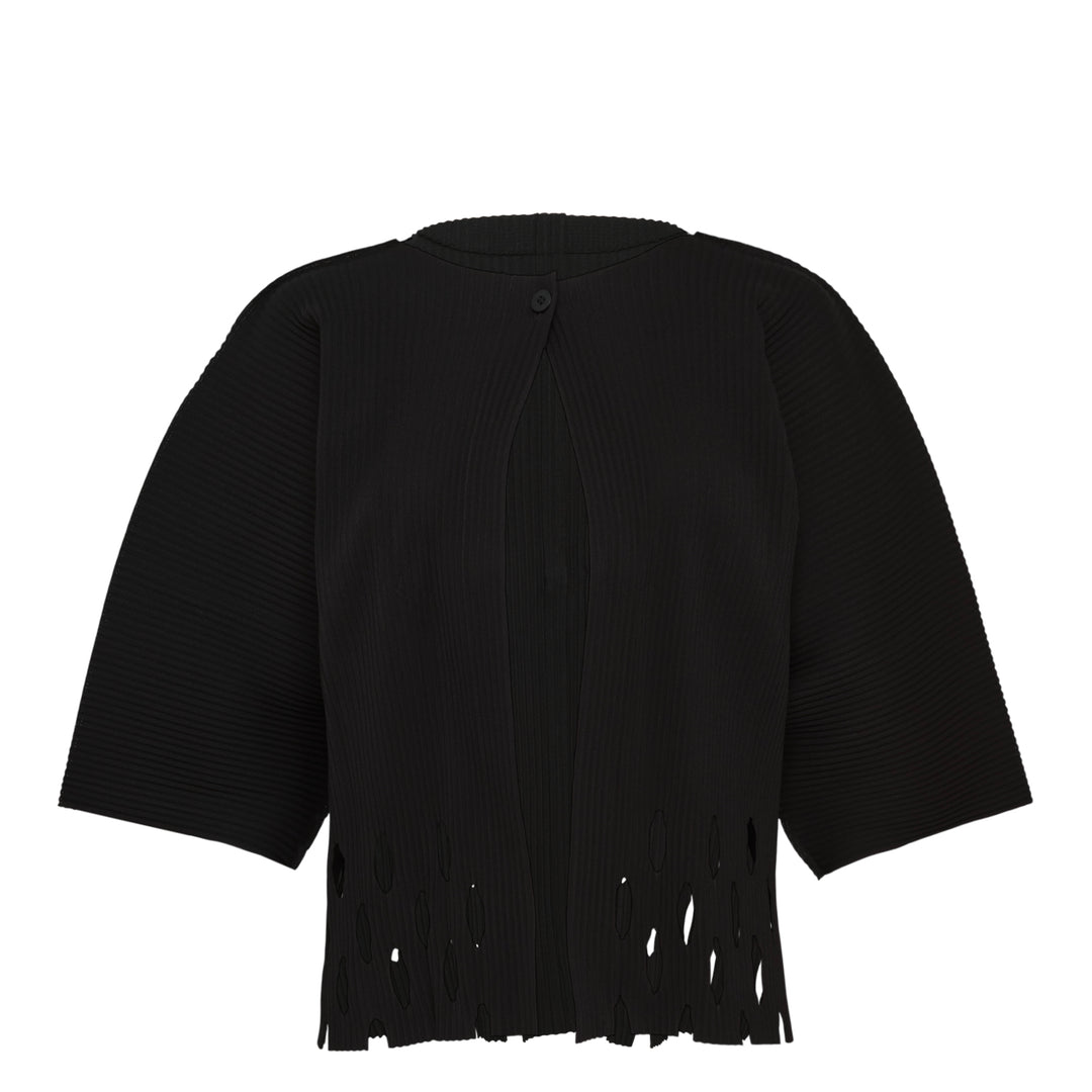 me Issey Miyake Aperture Pleats Cardigan in black with structured horizontal pleating, wide three-quarter sleeves, open front, and fringe-cut hem