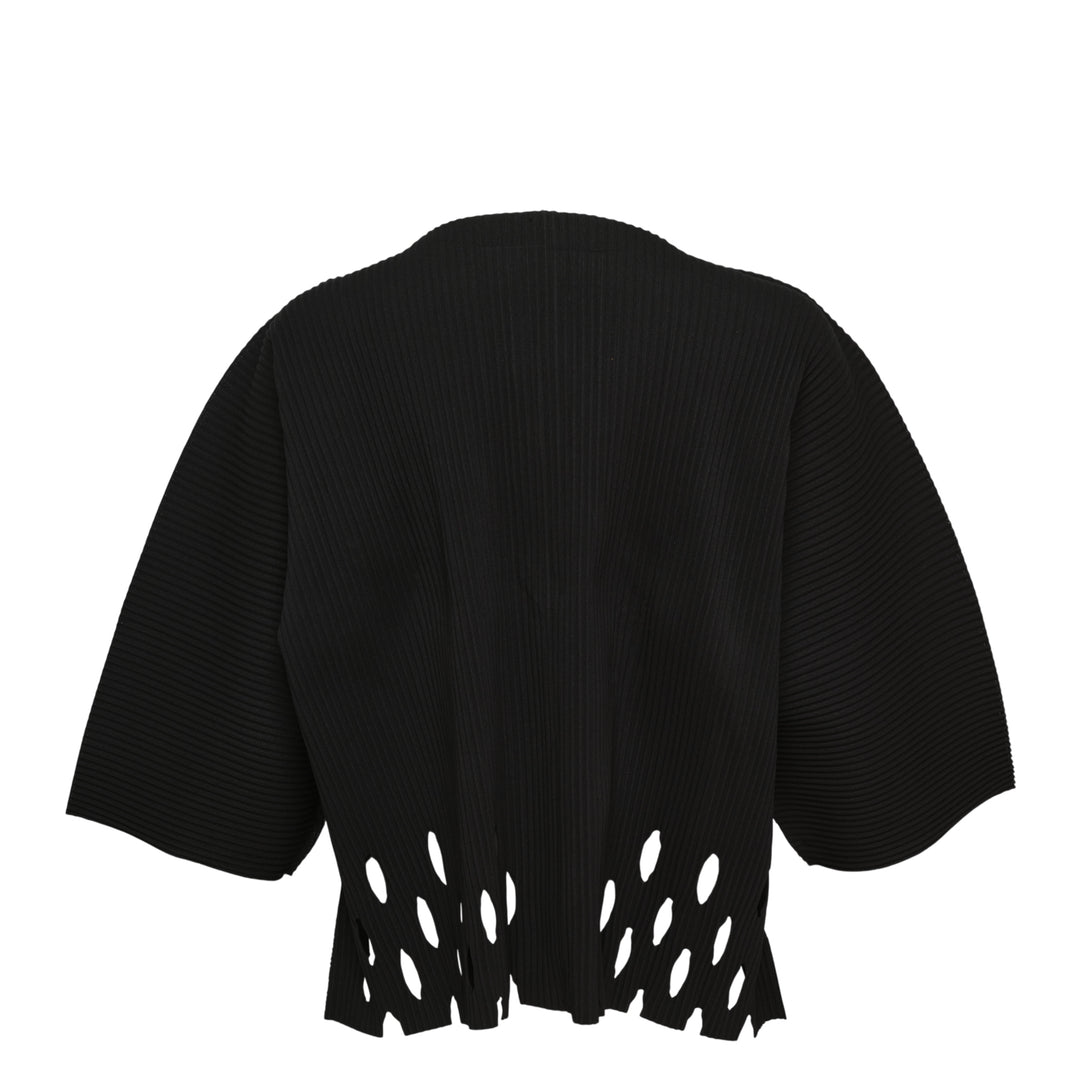me Issey Miyake Aperture Pleats Cardigan in black with structured horizontal pleating, wide three-quarter sleeves, open front, and fringe-cut hem